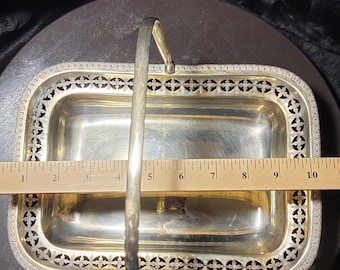 Vintage Silver-Plated Pierced Basket Tray with Handle – Ornate Rectangular Serving Dish – Elegant Mid-Century Tableware
