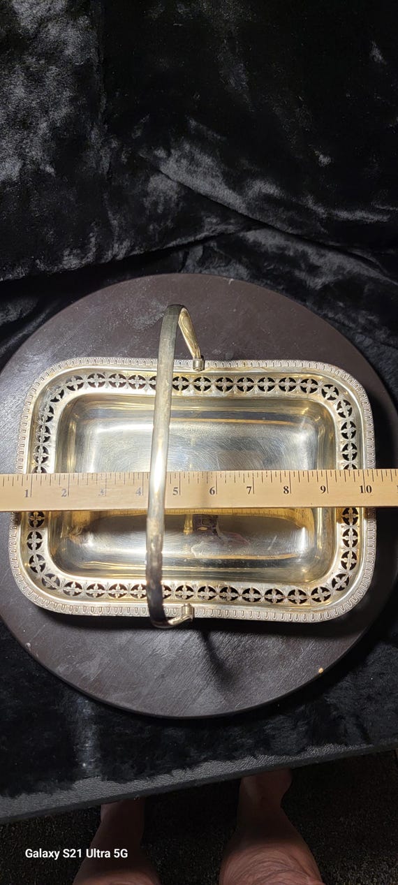 Vintage Silver-Plated Pierced Basket Tray with Handle – Ornate Rectangular Serving Dish – Elegant Mid-Century Tableware