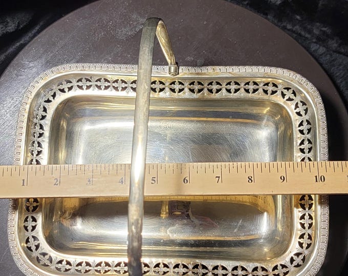 Vintage Silver-Plated Pierced Basket Tray with Handle – Ornate Rectangular Serving Dish – Elegant Mid-Century Tableware