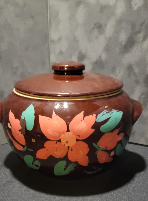 Vintage USA Pottery Bean Pot with Lid, Brown Floral Stoneware Bean Crock, Retro Kitchen Decor, 1960s Rustic Cookware