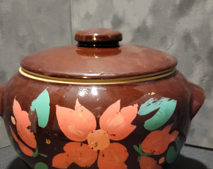 Vintage USA Pottery Bean Pot, Brown Floral Stoneware Crock, Retro Kitchen Decor
