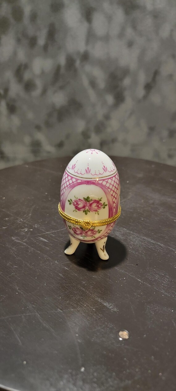 Fabergé-Style Porcelain Egg Trinket Box: Pink Rose Jewelry Holder