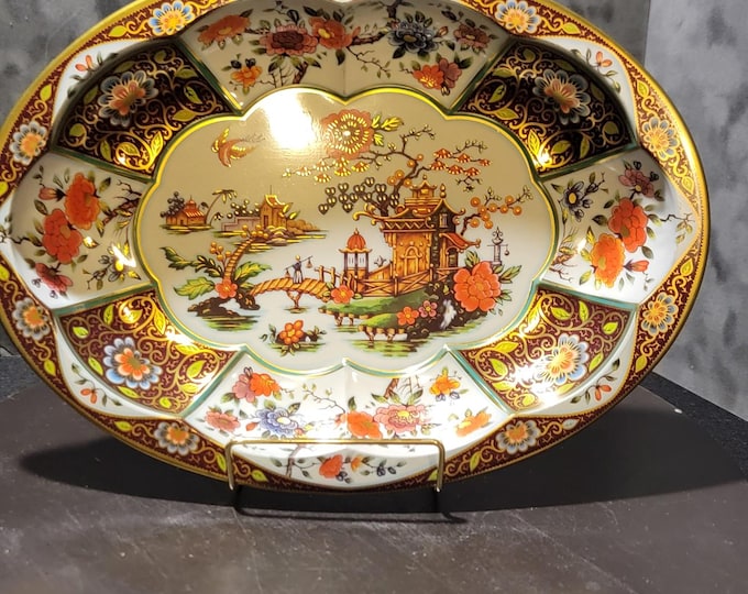Vintage Daher Chinoiserie Platter: Gold Trimmed Floral Serving Dish