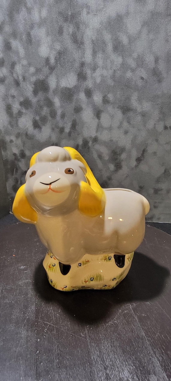 Vintage Wells Fargo Ceramic Ram Figurine – Asian Made, Hand-Painted Yellow Horns, Promotional Collectible
