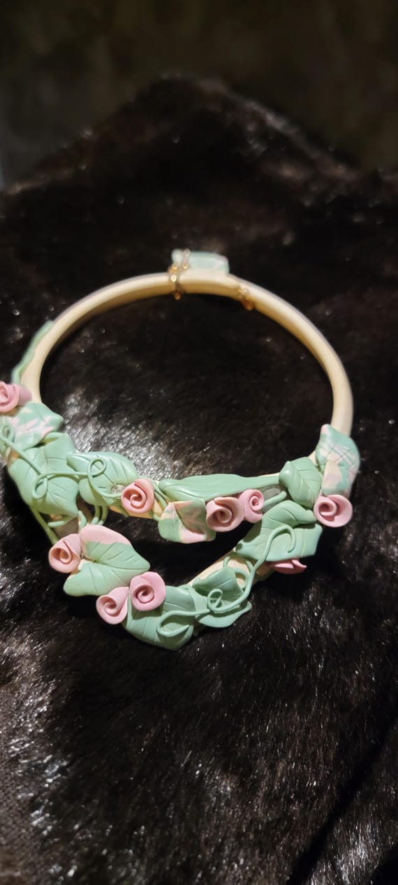 Signed Polymer Clay Floral Choker Necklace – Artist JB Handmade Green Leaf & Pink Rose Jewelry, Vintage Fairycore Statement Gift