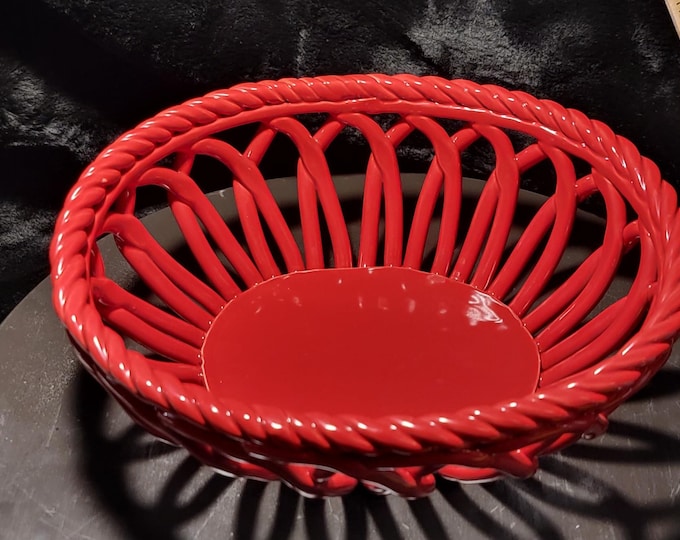 Vintage Red Ceramic Weaved Fruit Basket