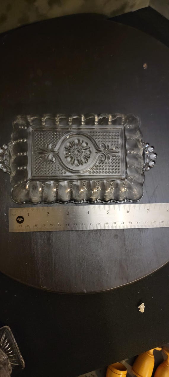 Vintage Pressed Glass Trinket Dish, Rectangular with Floral Medallion & Beaded Handles, Clear Glass (7")