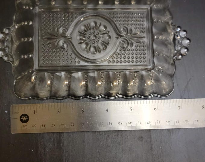 Vintage Pressed Glass Trinket Dish, Rectangular with Floral Medallion & Beaded Handles, Clear Glass (7")