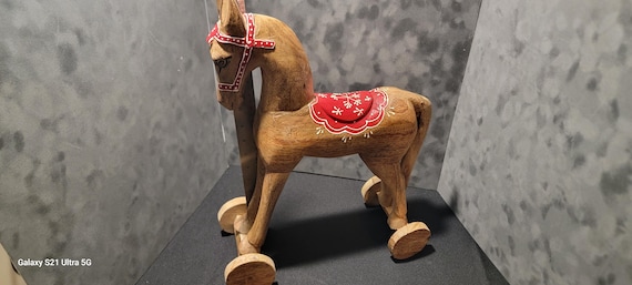 Vintage Hand Carved Wooden Horse on Wheels, Folk Art Horse Figurine, Rustic Wooden Toy Horse, Scandinavian Style Decor