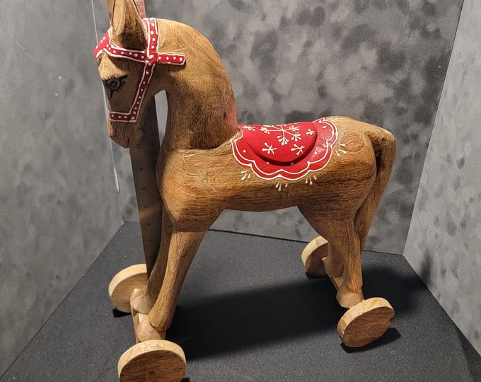 Hand Carved Wooden Horse Toy, Folk Art Scandinavian Decor, Red Saddle Details