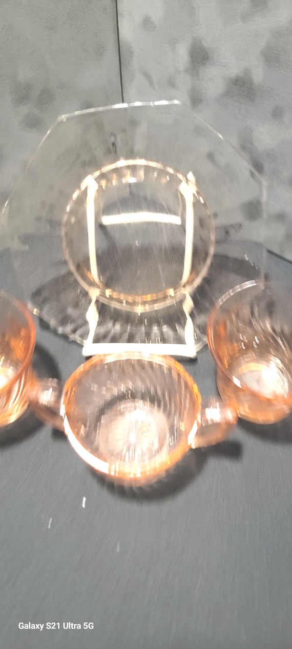 Vintage Federal Pink Depression Glass Tea Set, 4 Piece Set Cups Sugar Bowl Plate, Marked Federal USA 1930s 1940s Glassware