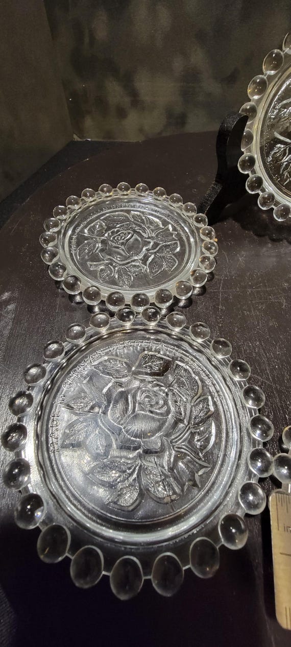 Vintage GDR Pressed Glass Coasters – Set with Rose Motif & Bubble Edge, Mid-Century German Democratic Republic Glassware