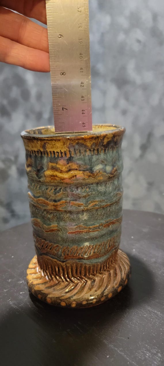 Signed Sandy Miller Studio Pottery Vase: Hand-Carved Stoneware Art