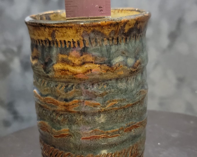 Signed Sandy Miller Studio Pottery Vase: Hand-Carved Stoneware Art