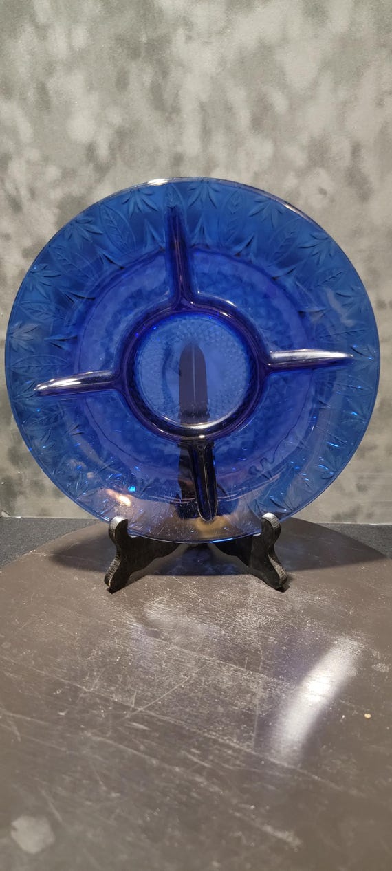 Vintage Avon Cobalt Blue Divided Glass Plate – Art Deco Depression Style