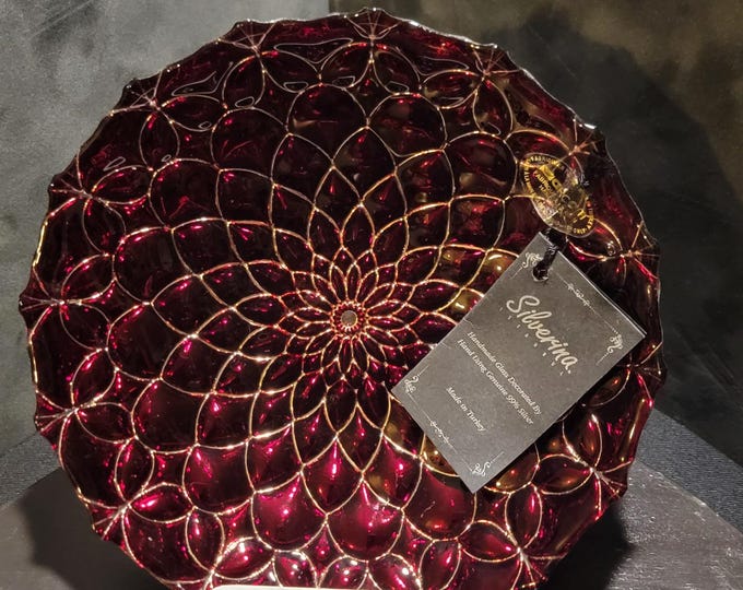 Ruby Red Art Glass Bowl | Gold Mandala, Turkish Centerpiece