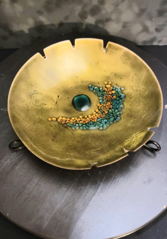 Mid-Century Brass Ashtray Bowl: Turquoise & Orange Enamel, Israeli Style