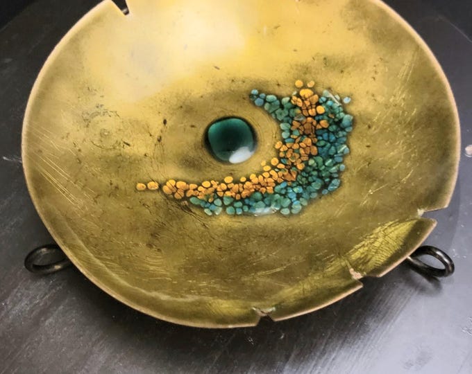 Mid-Century Brass Ashtray Bowl: Turquoise & Orange Enamel, Israeli Style