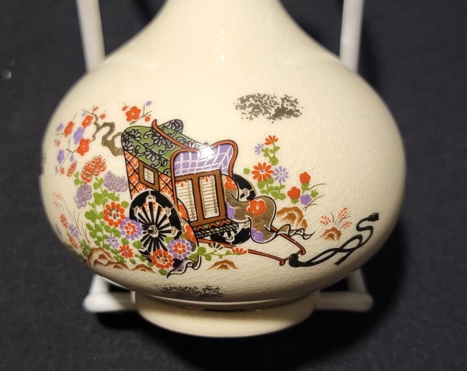 Vintage Asian Style Crackle Glaze Bud Vase, Hand Painted Floral Carriage Porcelain Decor