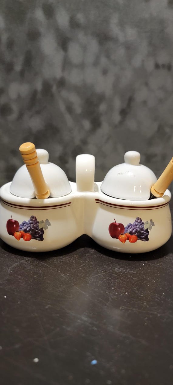 Vintage Houston Harvest Double Condiment Server: Fruit Motif Porcelain Jam & Mustard Pots