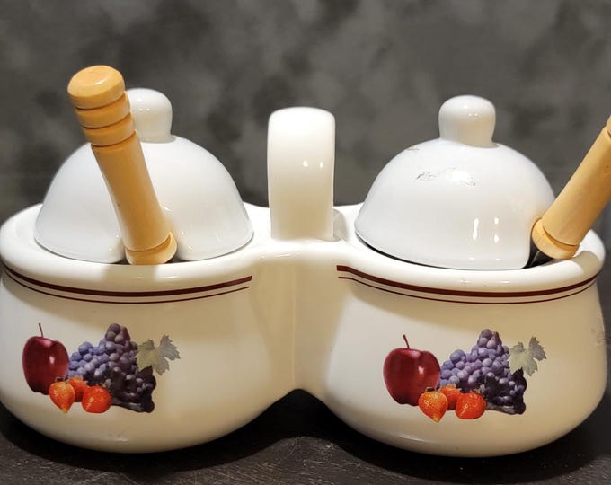 Vintage Houston Harvest Double Condiment Server: Fruit Motif Porcelain Jam & Mustard Pots
