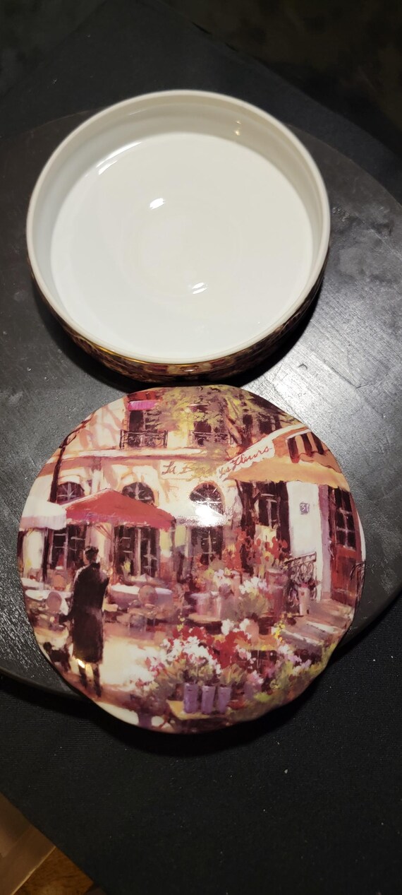 Floral Promenade by Brent Heighton | Collector Porcelain Trinket Box | European Street Scene Art | Vintage 1980s Collectible