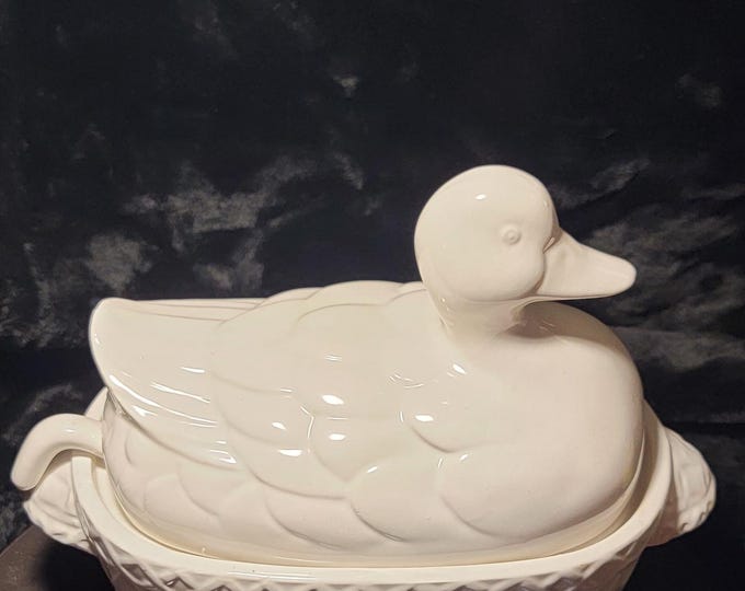 Vintage White Duck Soup Tureen with Ladle – Japan Pottery 1950s – Basketweave Ceramic Bowl – Cottagecore Farmhouse Kitchen Decor