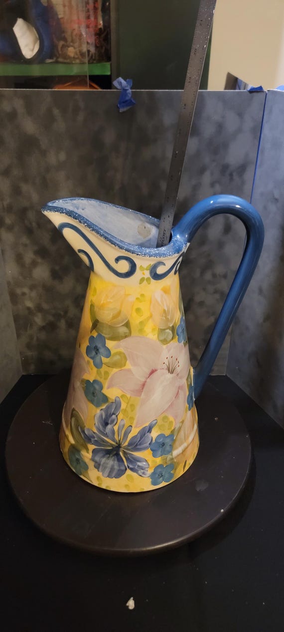 Large Floral Ceramic Pitcher – Countryside International by L. Esai Studio | Hand-Painted Rustic Cottage Decor