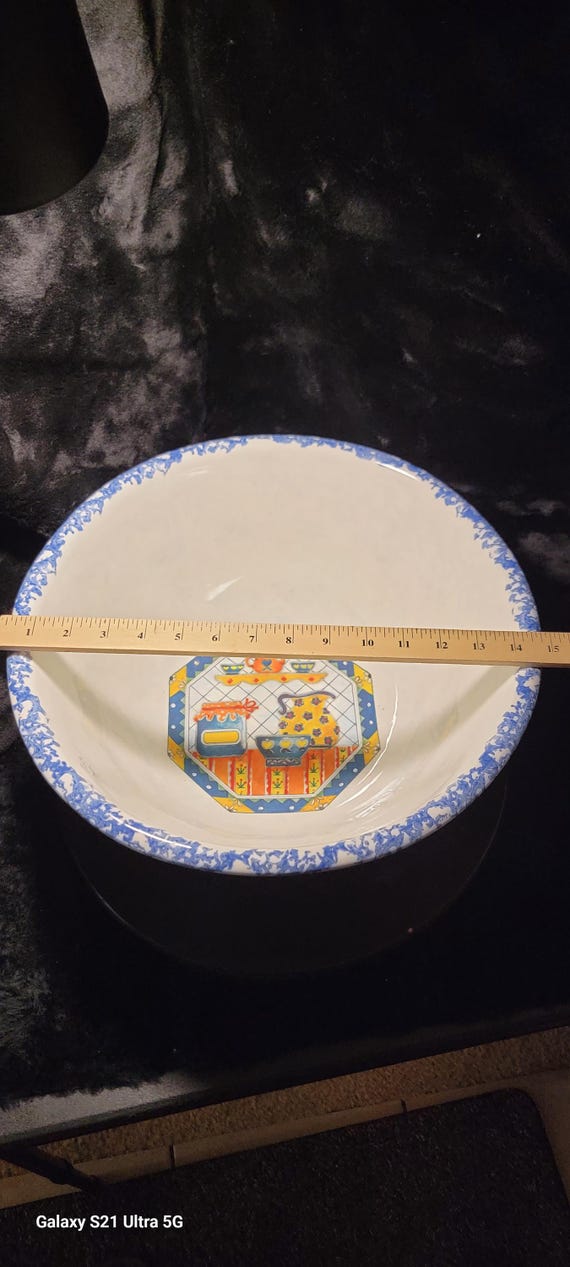 Vintage Italian Ceramic Serving Bowl: Hand-Painted Kitchen Scene, Blue Spongeware Rim
