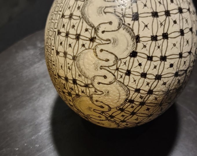 Hand-Drawn Ostrich Egg Art: Geometric Fine Line Design