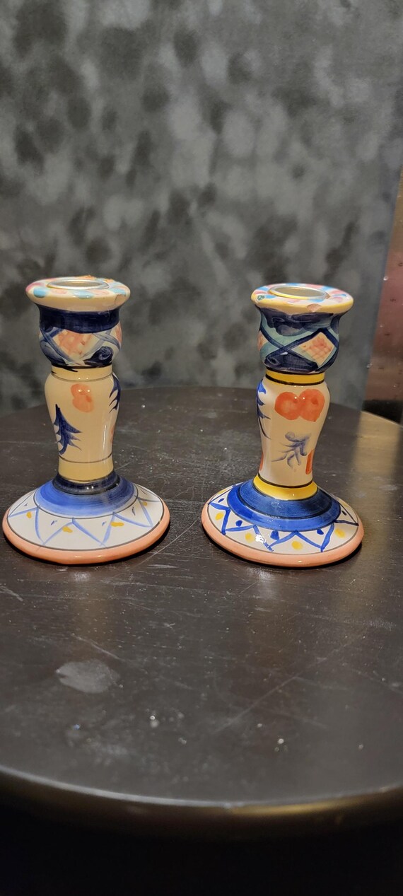 Vintage Hand-Painted Ceramic Candlestick Holders | Imari-Style Japanese Décor