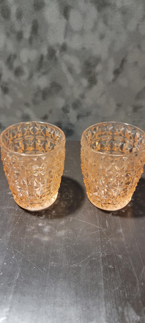 Pair of Vintage Pink Depression Glass Tumblers – Cube Pattern Style, 1930s–40s Collectible Glassware