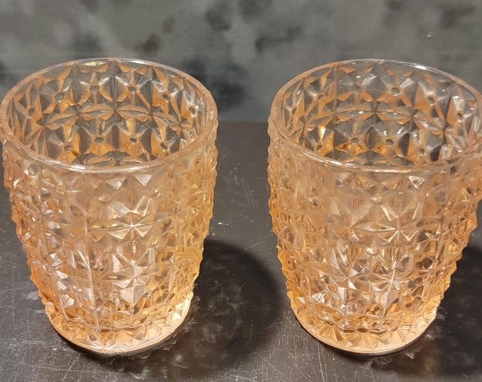 Pair of Vintage Pink Depression Glass Tumblers – Cube Pattern Style, 1930s–40s Collectible Glassware