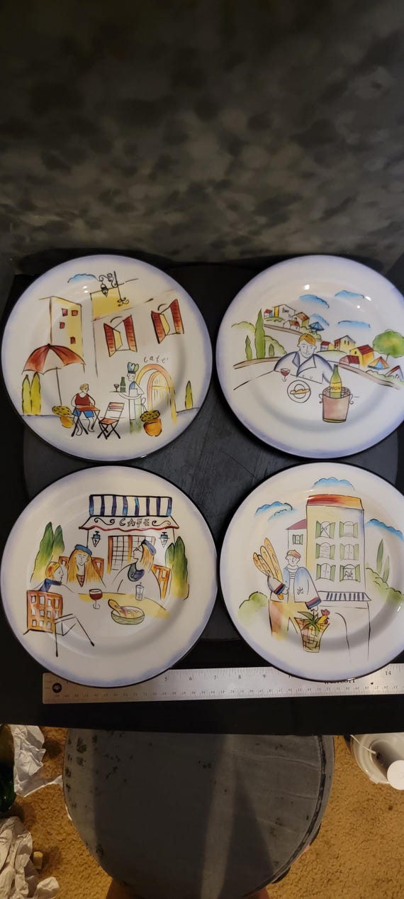 Sakura Provence Plates - Set of 4 - Hand-Painted French Bistro Dinnerware