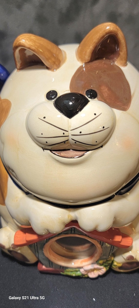 Vintage Ceramic Cat Cookie Jar with Glass Window – Whimsical Cat Treat Jar – Cottagecore Kitchen Decor – Cat Lover Gift