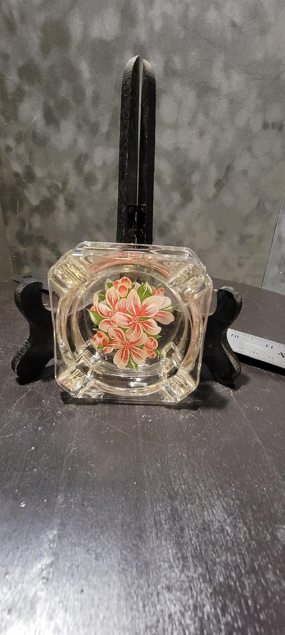 Pair of Vintage Glass Ashtrays – Retro Floral Print Clear Glass Ashtrays, Mid-Century Barware, Vanity Decor