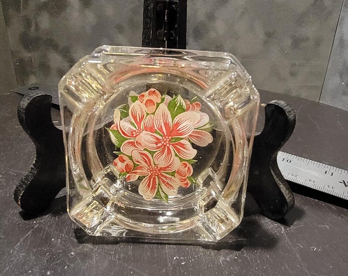 Vintage Floral Glass Ashtrays (Pair) - Mid-Century Barware