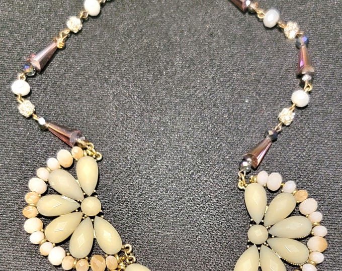Vintage Style Floral Bib Necklace, Cream Gold Beaded Statement Jewelry