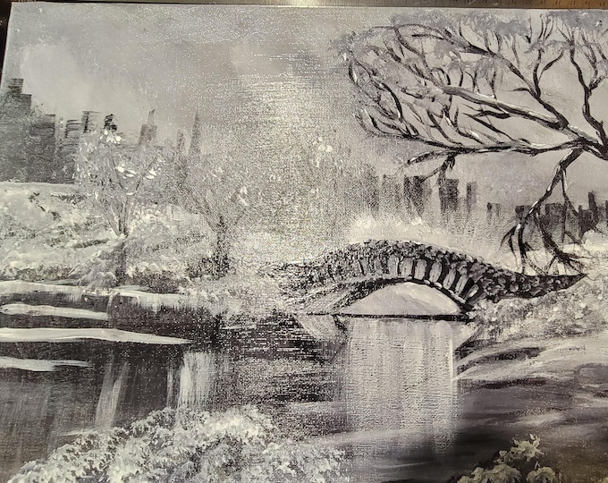 Monochrome Landscape Painting: Winter Stone Bridge, Cityscape Art