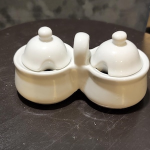 Peut inclure: Un double service à condiments en céramique blanche avec deux compartiments à couvercle et une poignée. Chaque couvercle a un petit bouton. Le serveur est sur une surface sombre.