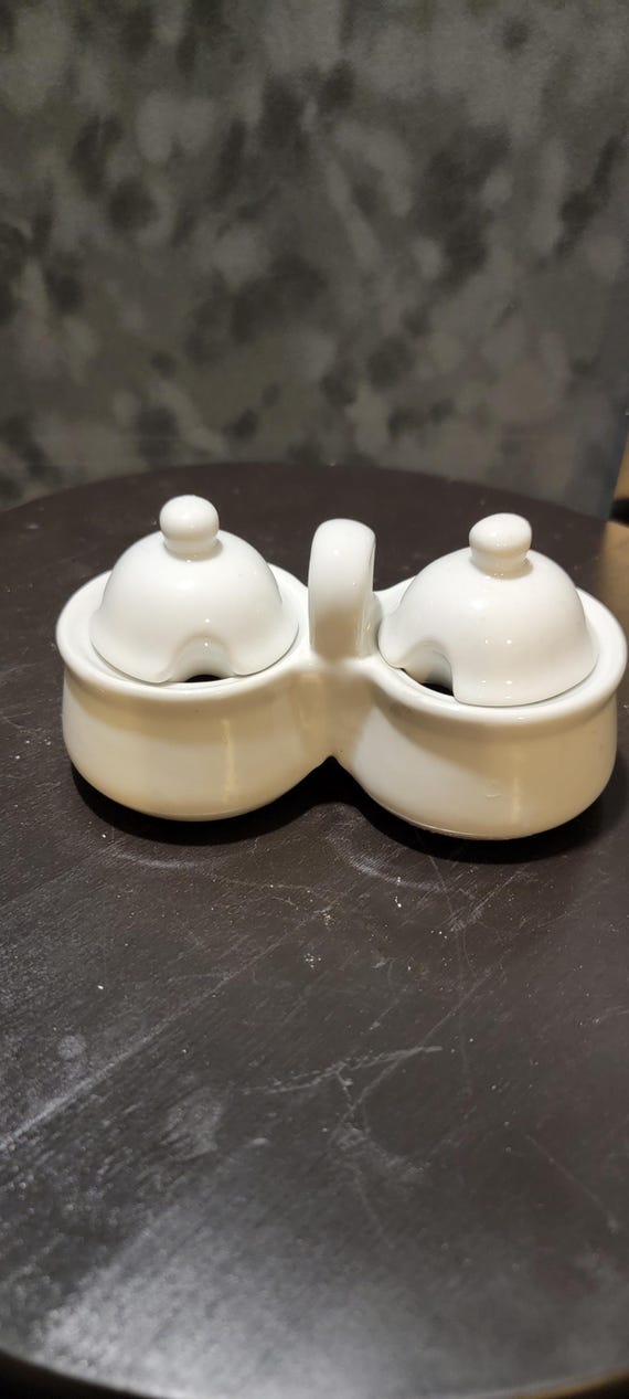Vintage White Porcelain Double Condiment Server | Mustard or Jam Pot with Lids | Mid-Century Kitchenware