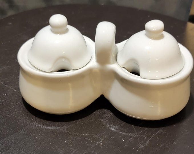 Vintage White Porcelain Double Condiment Server | Mustard or Jam Pot with Lids | Mid-Century Kitchenware