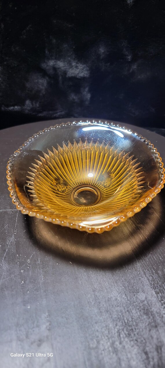 Carnival Ware Marigold iridescent three footed candy dish