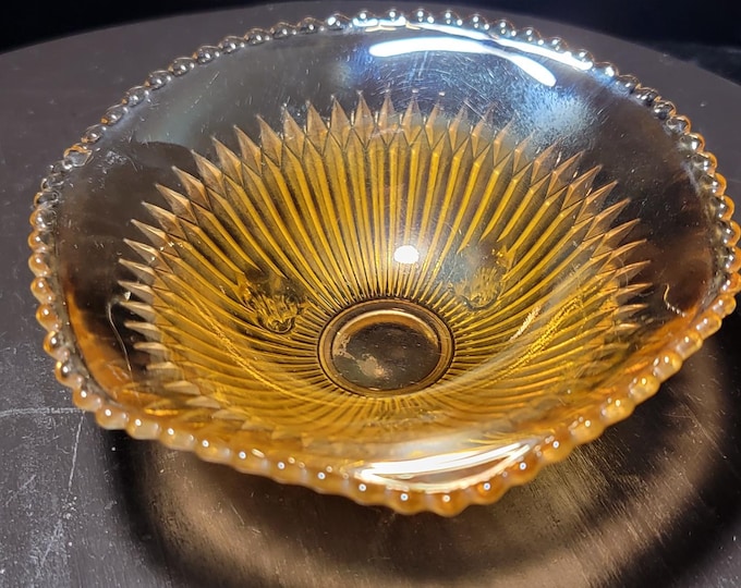 Carnival Ware Marigold iridescent three footed candy dish
