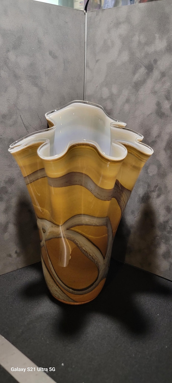 Large 12” Hand Blown Art Glass Vase with Ruffled Rim | Amber Swirl Studio Glass Statement Vase