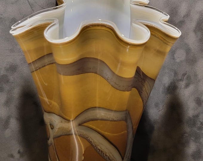 Large Hand Blown Art Glass Vase | Amber Swirl Ruffled Rim Statement Piece