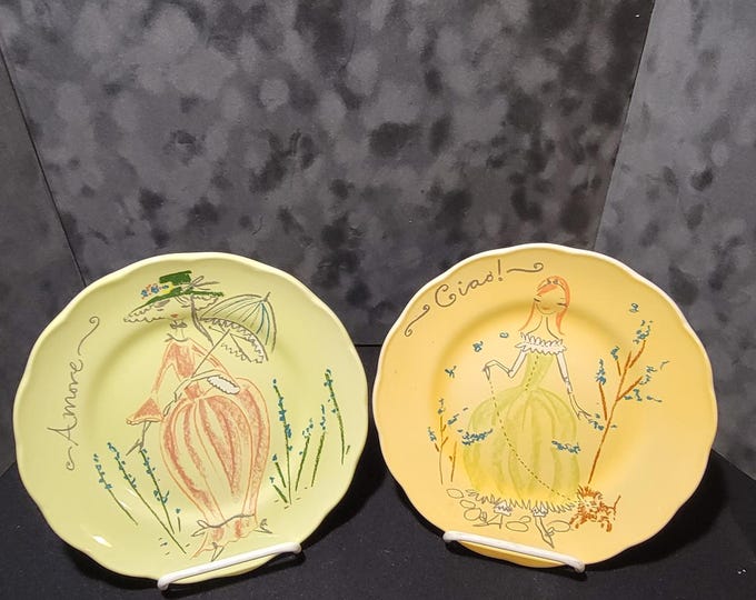 Set of 2 Vintage Hand Painted Plates, Portugal Ceramic Fashion Art Decor