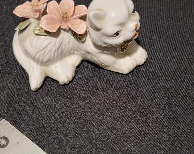 Vintage Porcelain Cat Figurine with Pastel Flowers | 1990s Cottagecore Kitten Decor