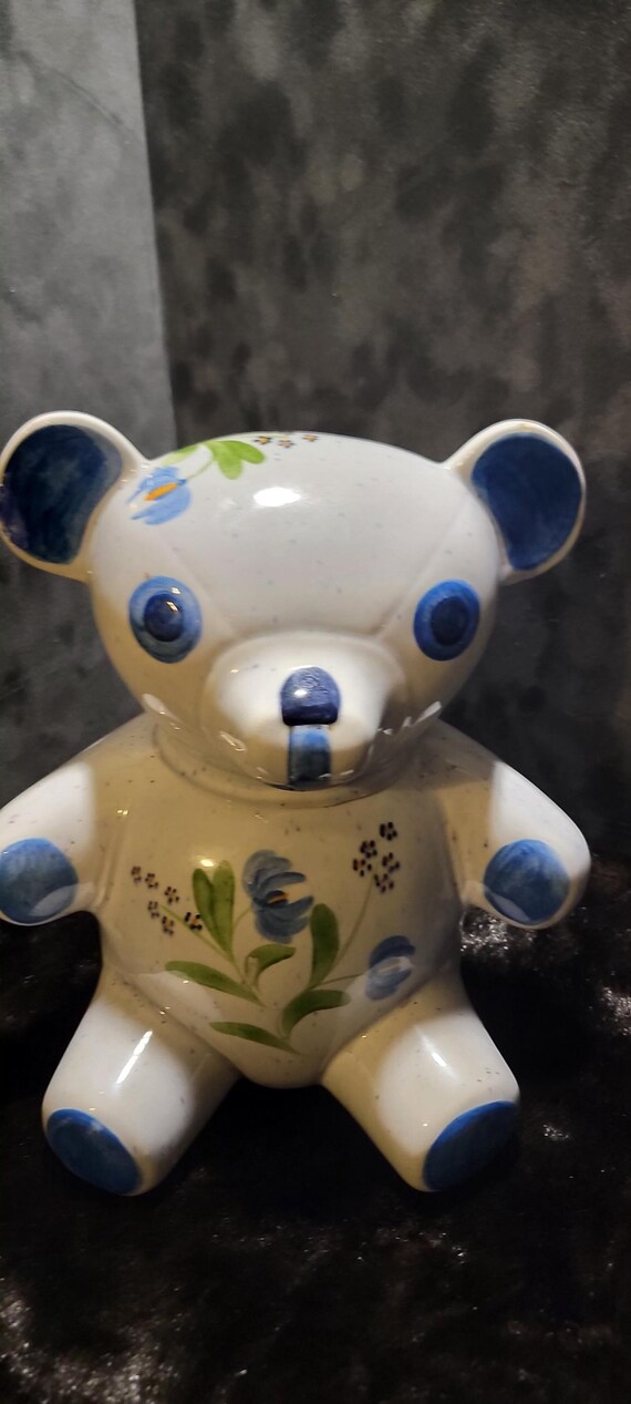 Vintage N.S. Gustin Hand-Painted Ceramic Cookie Jar | Blue Floral Teddy Bear | 1950s Collectible Pottery | Mid-Century Kitchen Decor