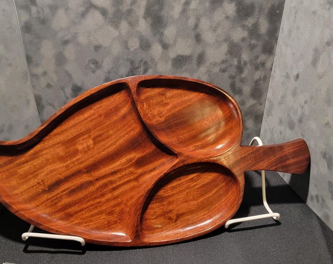 Vintage Mahogany Divided Serving Tray, West Indies Leaf Shape, Mid Century Platter